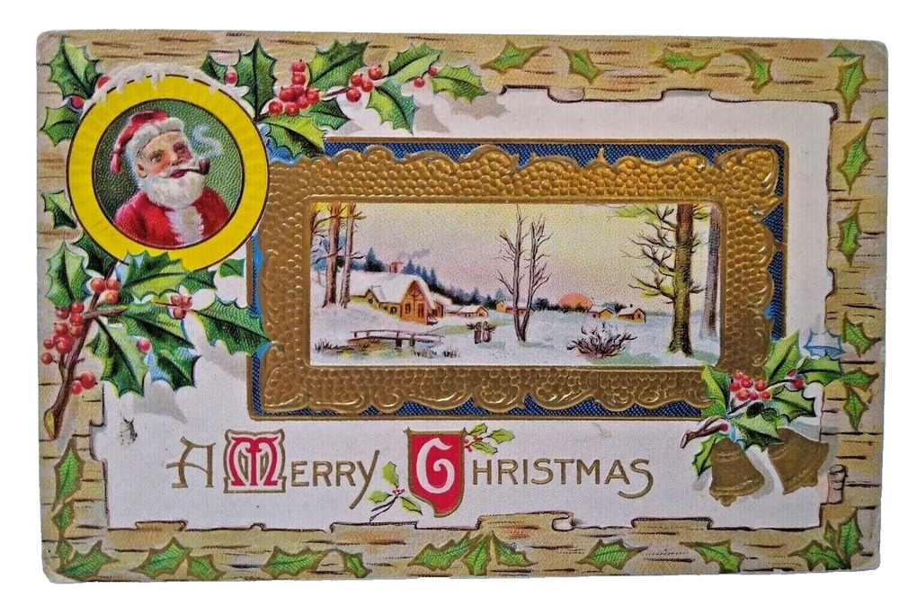 Santa Claus Smoking Pipe Christmas Postcard Lions Head ML Jackson 1911 Ithaca NY